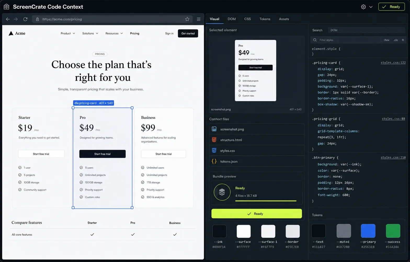 ScreenCrate showing a selected pricing card with its screenshot, HTML, computed CSS, tokens, and assets