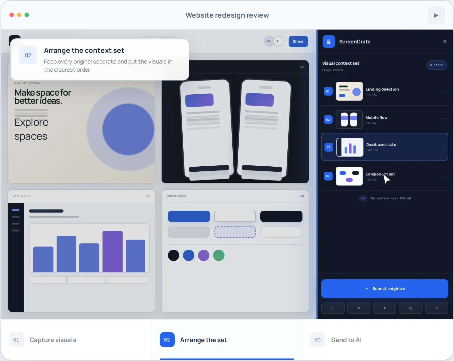 ScreenCrate arranging landing, mobile, dashboard, pricing, component, and empty-state screenshots in one ordered set