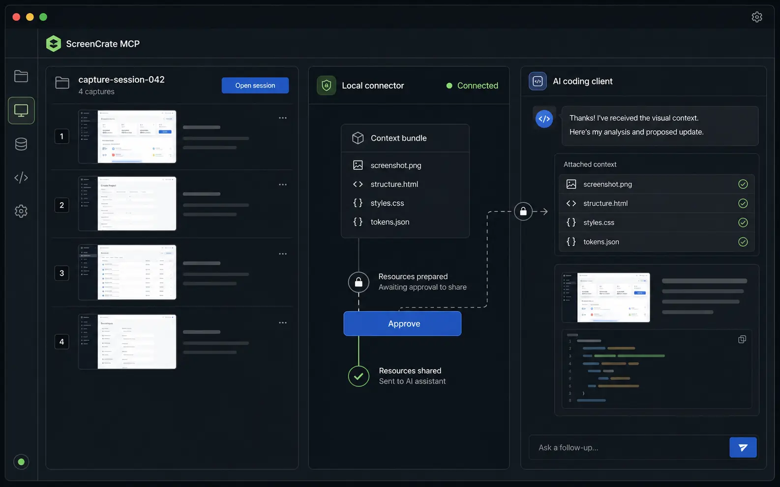 ScreenCrate capture set exported to a bounded local workspace and read by a compatible MCP client